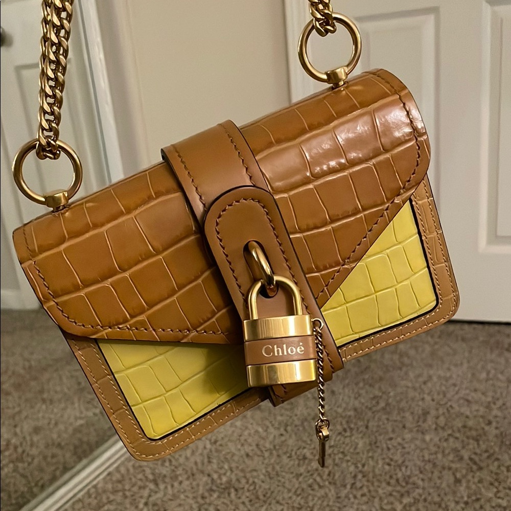 NWOB Authentic Chloe Mini Aby Chestnut Brown/Yellow Shoulder Croc Leather Bag